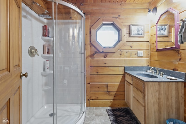 4840 N Templin Rd, Martinsville, IN 46151 - bathroom featuring wooden walls, vanity, and a stall shower
