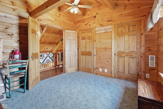 4840 N Templin Rd, Martinsville, IN 46151 - carpeted bedroom featuring wood walls, visible vents, wooden ceiling, and beam ceiling