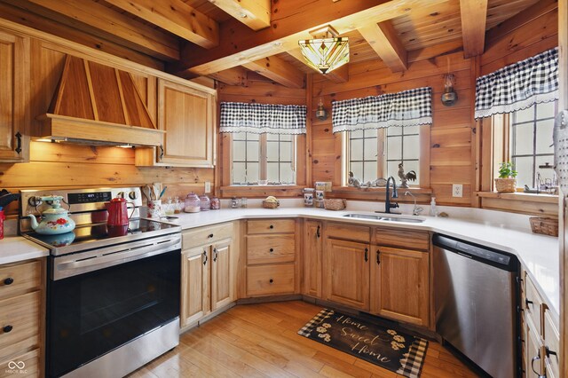 4840 N Templin Rd, Martinsville, IN 46151 - kitchen featuring custom range hood, a sink, wooden ceiling, beamed ceiling, and stainless steel appliances