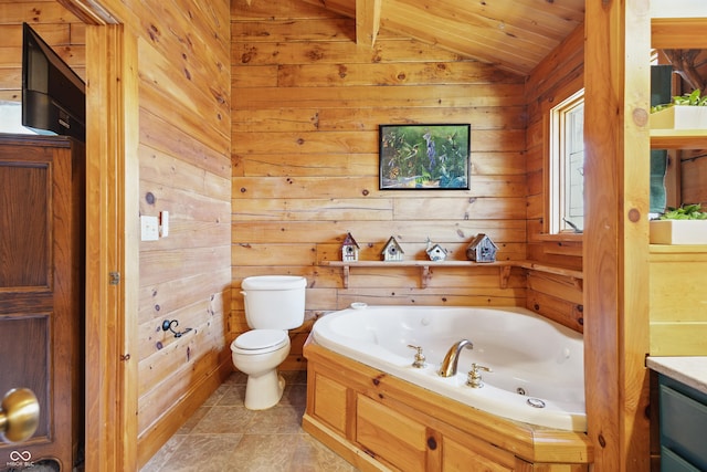 4840 N Templin Rd, Martinsville, IN 46151 - bathroom with a whirlpool tub, wood walls, vaulted ceiling, and toilet