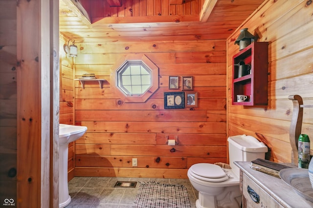 4840 N Templin Rd, Martinsville, IN 46151 - half bathroom with toilet, tile patterned floors, wood walls, and wooden ceiling