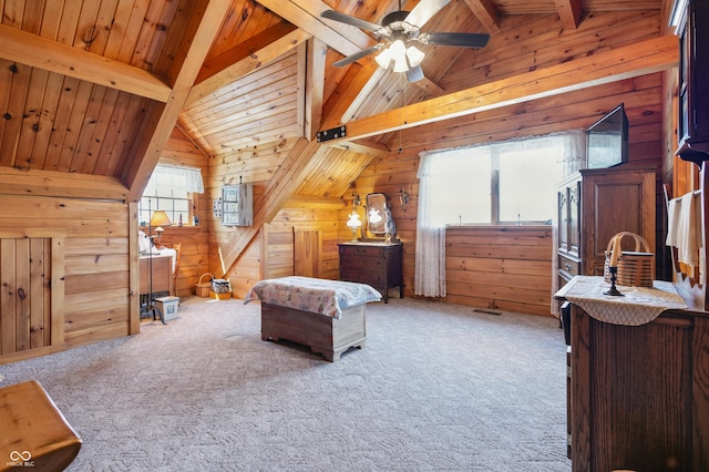 4840 N Templin Rd, Martinsville, IN 46151 - bedroom with wooden walls, wooden ceiling, vaulted ceiling with beams, and carpet flooring