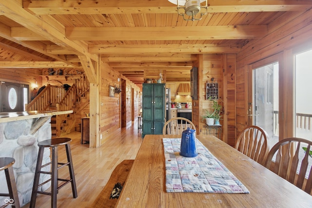 4840 N Templin Rd, Martinsville, IN 46151 - dining area featuring wood walls, beam ceiling, stairway, wooden ceiling, and light wood finished floors