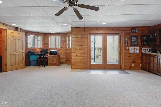 4840 N Templin Rd, Martinsville, IN 46151 - office area with wooden walls, a ceiling fan, a drop ceiling, and light colored carpet