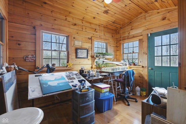 4840 N Templin Rd, Martinsville, IN 46151 - home office featuring ceiling fan, wood walls, wood finished floors, lofted ceiling, and wood ceiling