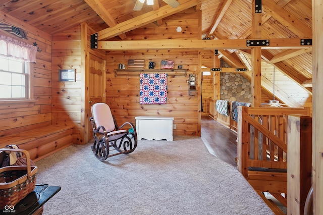 4840 N Templin Rd, Martinsville, IN 46151 - sitting room with wood ceiling, lofted ceiling with beams, a ceiling fan, and wood walls