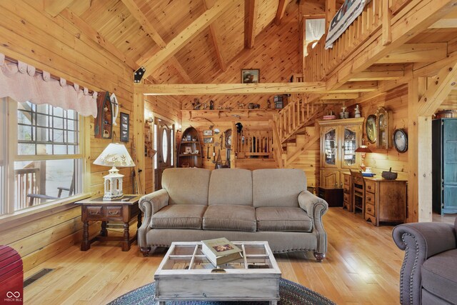 4840 N Templin Rd, Martinsville, IN 46151 - living room with wood-type flooring, wood walls, high vaulted ceiling, and beamed ceiling