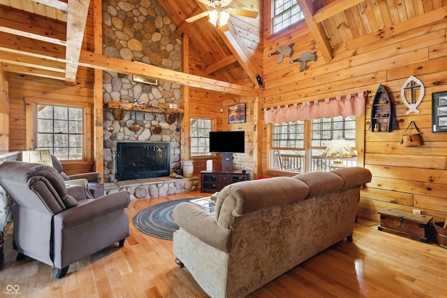 4840 N Templin Rd, Martinsville, IN 46151 - living room featuring a wealth of natural light, wood ceiling, wooden walls, and high vaulted ceiling
