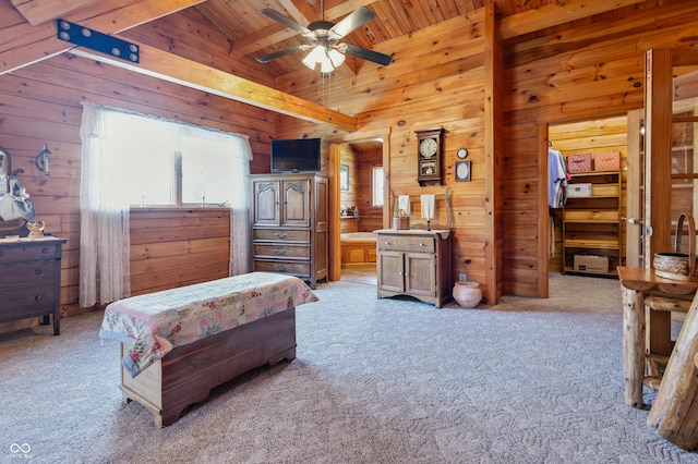 4840 N Templin Rd, Martinsville, IN 46151 - bedroom featuring wooden walls, wood ceiling, beamed ceiling, and light colored carpet