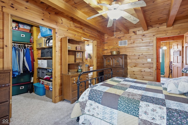 4840 N Templin Rd, Martinsville, IN 46151 - bedroom with carpet floors, wood walls, visible vents, beam ceiling, and wooden ceiling