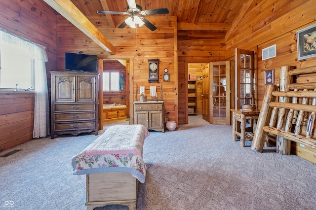 4840 N Templin Rd, Martinsville, IN 46151 - carpeted bedroom with wooden walls, visible vents, and wooden ceiling