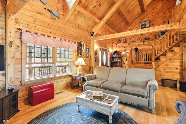 4840 N Templin Rd, Martinsville, IN 46151 - living room featuring wood-type flooring, wood ceiling, wooden walls, and beamed ceiling