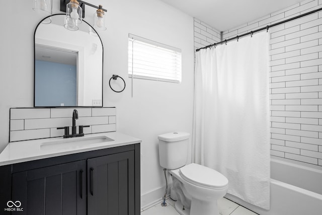 full bathroom featuring toilet, shower / tub combo, and vanity