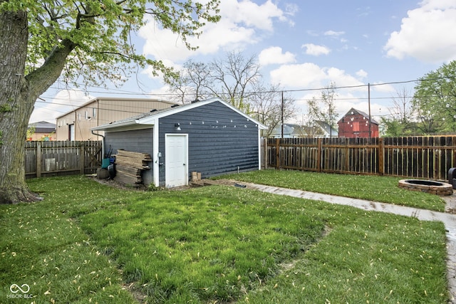 view of yard featuring an outdoor structure and a fenced backyard