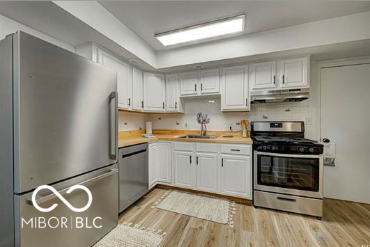 1391 S River Rd, Covington, IN 47932 - kitchen featuring light countertops, a sink, under cabinet range hood, and stainless steel appliances