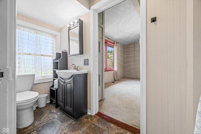 2513 Grandma Barnes Rd, Nashville, IN 47448 - bathroom with toilet, stone finish floor, and vanity