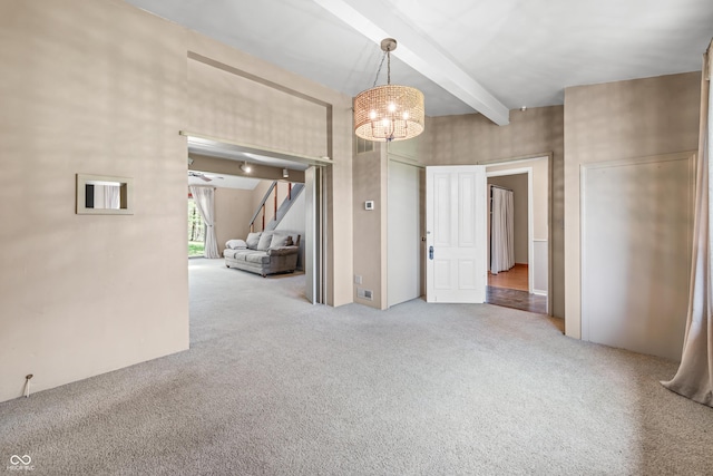 2513 Grandma Barnes Rd, Nashville, IN 47448 - unfurnished room featuring an inviting chandelier, carpet flooring, stairway, and beamed ceiling