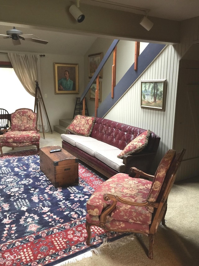 2513 Grandma Barnes Rd, Nashville, IN 47448 - living room featuring stairs, a ceiling fan, and carpet