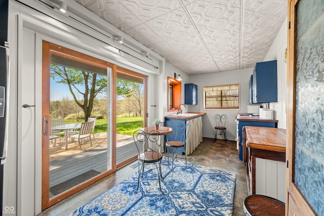 2513 Grandma Barnes Rd, Nashville, IN 47448 - interior space with a sink, an ornate ceiling, radiator heating unit, baseboards, and blue cabinets