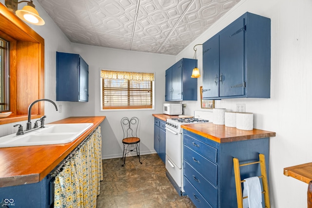 2513 Grandma Barnes Rd, Nashville, IN 47448 - kitchen featuring a sink, white appliances, wooden counters, an ornate ceiling, and blue cabinets