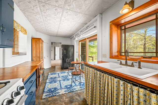 2513 Grandma Barnes Rd, Nashville, IN 47448 - interior space with a sink, an ornate ceiling, butcher block countertops, freestanding refrigerator, and white range with gas cooktop