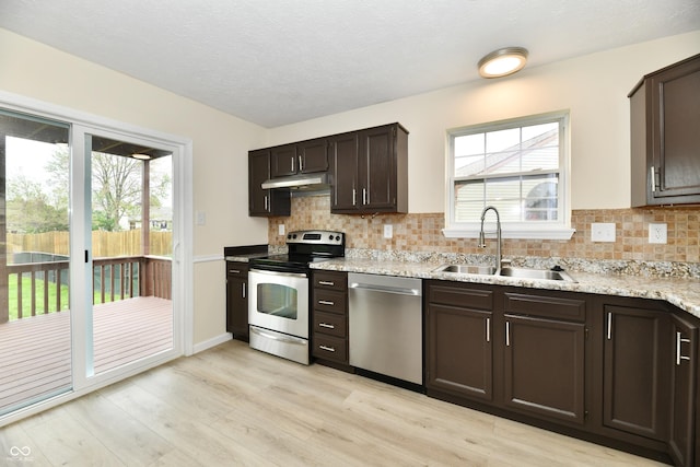kitchen featuring under cabinet range hood, a sink, light wood finished floors, a wealth of natural light, and stainless steel appliances
