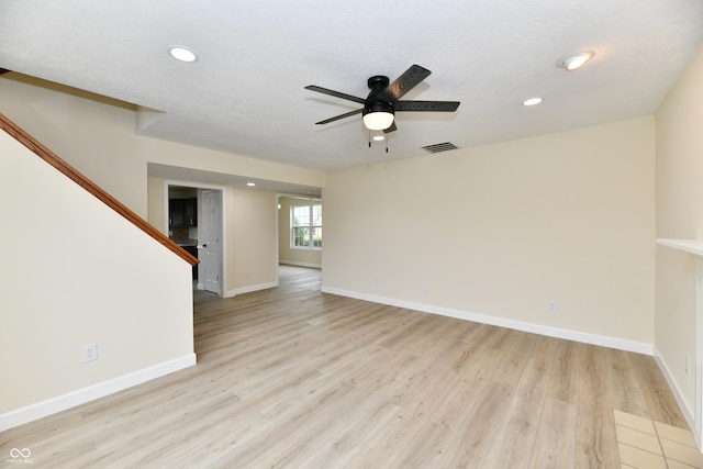 unfurnished room featuring visible vents, recessed lighting, light wood finished floors, and ceiling fan