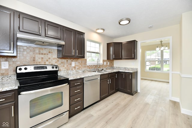 kitchen with tasteful backsplash, dark brown cabinets, a sink, under cabinet range hood, and stainless steel appliances
