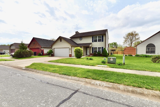 traditional home featuring an attached garage, fence, driveway, and a front yard