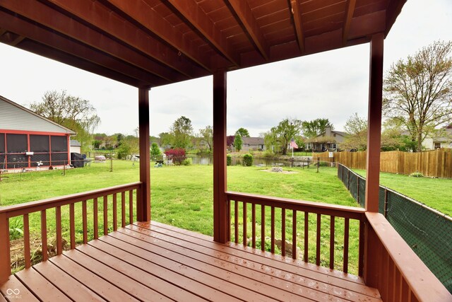 deck with a water view, a fenced backyard, and a yard