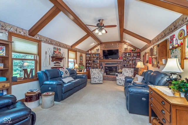 7020 N 375 E, Lebanon, IN 46052 - carpeted living area with a ceiling fan, lofted ceiling with beams, plenty of natural light, and a fireplace