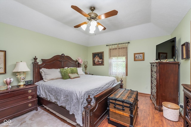 7020 N 375 E, Lebanon, IN 46052 - bedroom featuring baseboards, a ceiling fan, a tray ceiling, and wood finished floors
