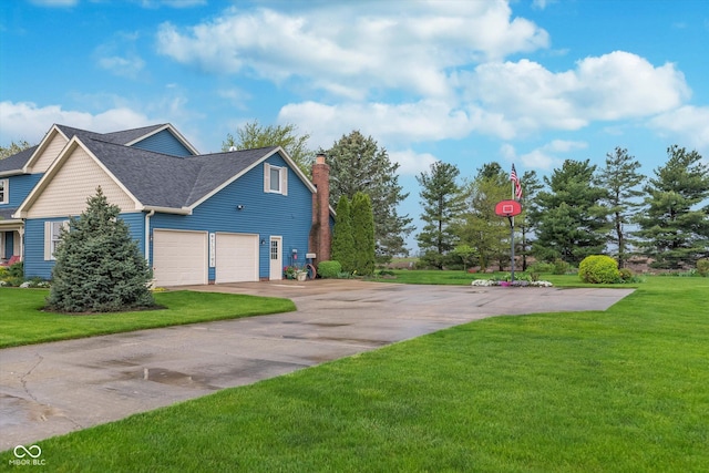 7020 N 375 E, Lebanon, IN 46052 - view of side of home with a lawn, a shingled roof, a chimney, and driveway