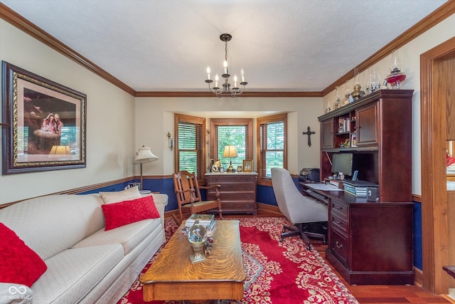 7020 N 375 E, Lebanon, IN 46052 - home office featuring crown molding, a textured ceiling, dark wood finished floors, and an inviting chandelier