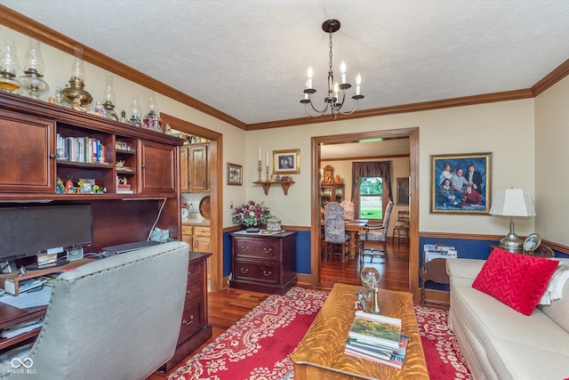 7020 N 375 E, Lebanon, IN 46052 - office area with an inviting chandelier, crown molding, dark wood-style floors, and a textured ceiling
