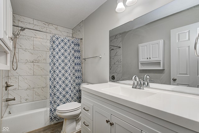 6814 Summer Time Dr, Indianapolis, IN 46226 - full bathroom with vanity, toilet, a textured ceiling, shower / bath combo with shower curtain, and wood finished floors