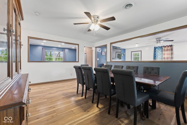 dining room featuring ceiling fan, baseboards, light wood-type flooring, and visible vents