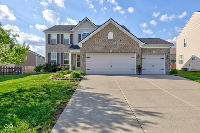 view of front of house featuring concrete driveway, a garage, brick siding, and central AC unit