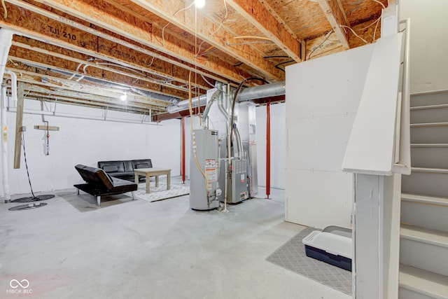 unfinished basement featuring water heater and heating unit