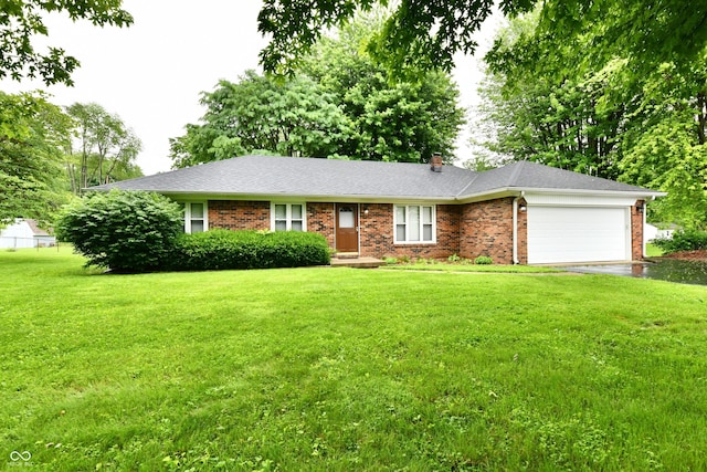 12087 N Gasburg Rd, Mooresville, IN 46158 - ranch-style house with brick siding, a front yard, a garage, and a chimney