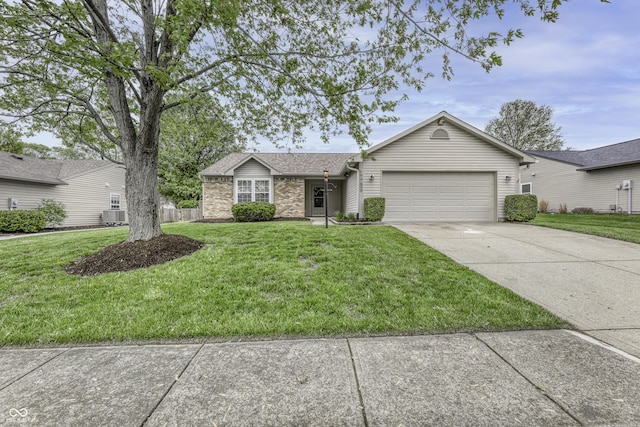 ranch-style house with a garage, a shingled roof, concrete driveway, and a front lawn