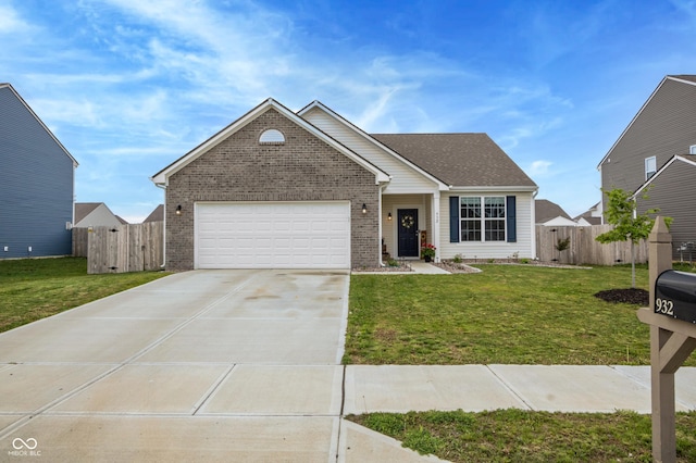 single story home featuring a garage, brick siding, fence, a front lawn, and concrete driveway