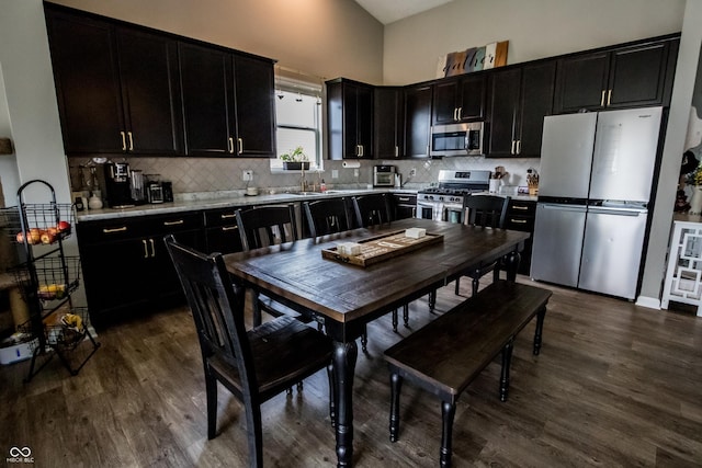 kitchen with dark wood-style flooring, a high ceiling, light countertops, dark cabinets, and stainless steel appliances
