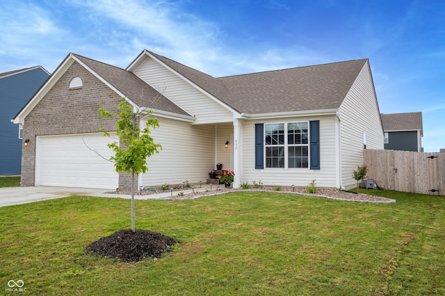 single story home featuring an attached garage, fence, driveway, and roof with shingles
