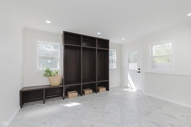 mudroom featuring recessed lighting, baseboards, and ornamental molding