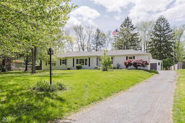 ranch-style house featuring fence, a chimney, and a front lawn