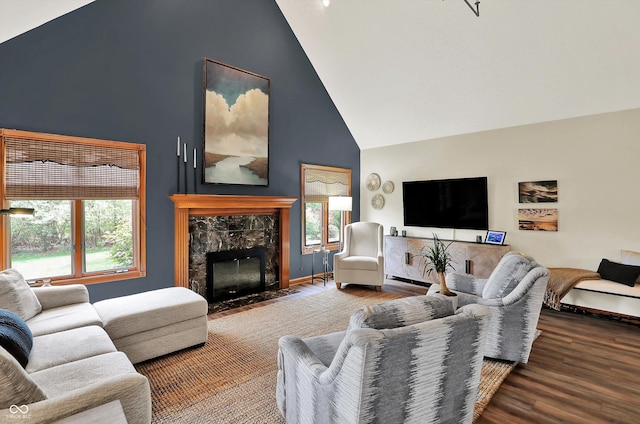 living area featuring a premium fireplace, baseboards, high vaulted ceiling, and wood finished floors
