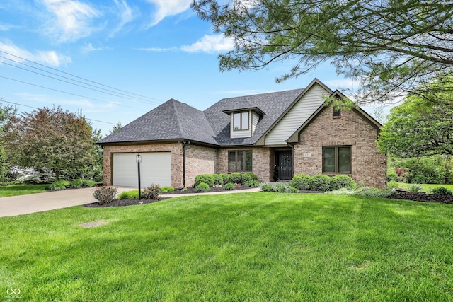 view of front of house featuring concrete driveway, brick siding, a front lawn, and a garage