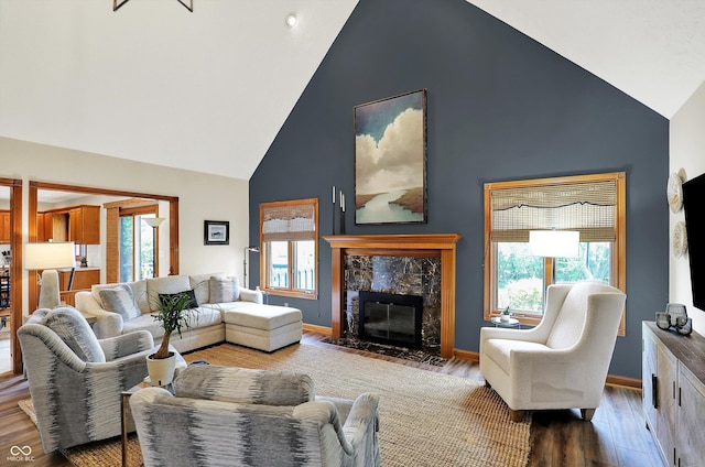 living room featuring a premium fireplace, a wealth of natural light, high vaulted ceiling, and wood finished floors