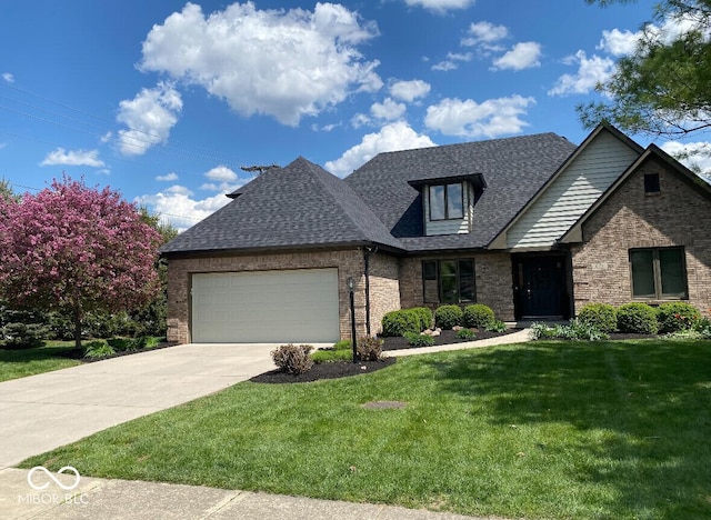 view of front of property featuring a front lawn, brick siding, driveway, and a garage